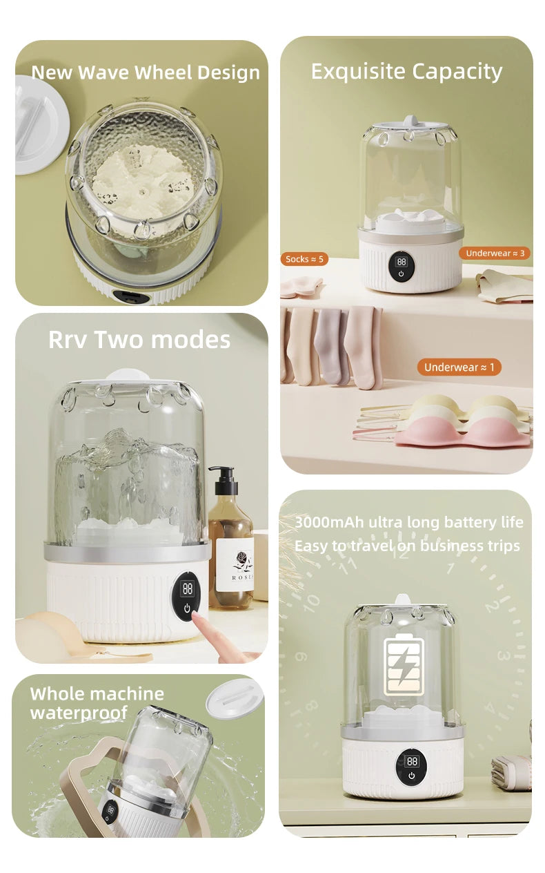 Wireless Washing Machine Portable Underwear Cleaner 1L Mini Socks Washing Machine Dehydratable Laundry Bucket for Teenagers